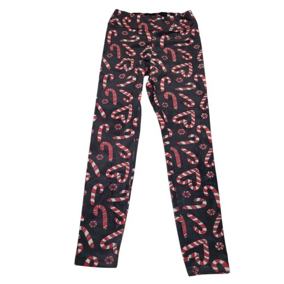 Candy Cane Leggings Fleece Soft Warm Black Red Christmas Holiday Girls Medium - Picture 1 of 4